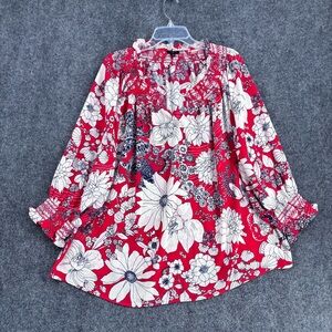 Talbots Red White Blue Smocked Floral Popover Blouse Flowy Ruffles Womens 2X